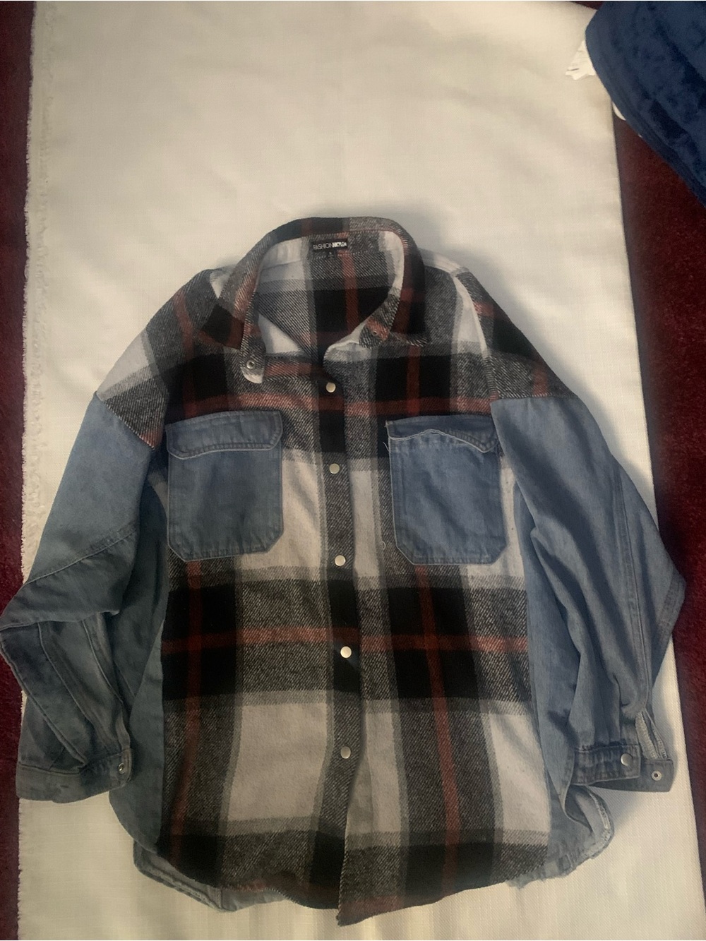 Fashion Nova Black, Gray & White Plaid Shirt Jacket with Denim Sleeves